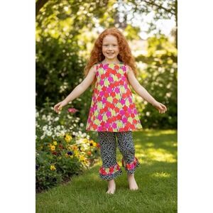 La Jenns BOUTIQUE Pink  Lime Black Ruffle Pants Sleeveless Dress Size 5 Easter S